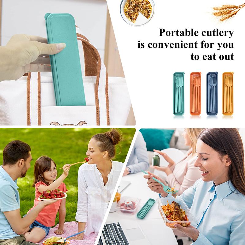 4Pcs Wheat Straw Dinnerware Set Portable Tableware Knife Fork Spoon Eco-Friendly Travel Cutlery Set Utensil Box Chopsticks Set