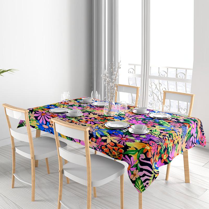 Bright Floral Tablecloth Multicolored Printed Linen Table Cover Decor for Kitchen Dining Room Party Decoration (Wooden Table Set