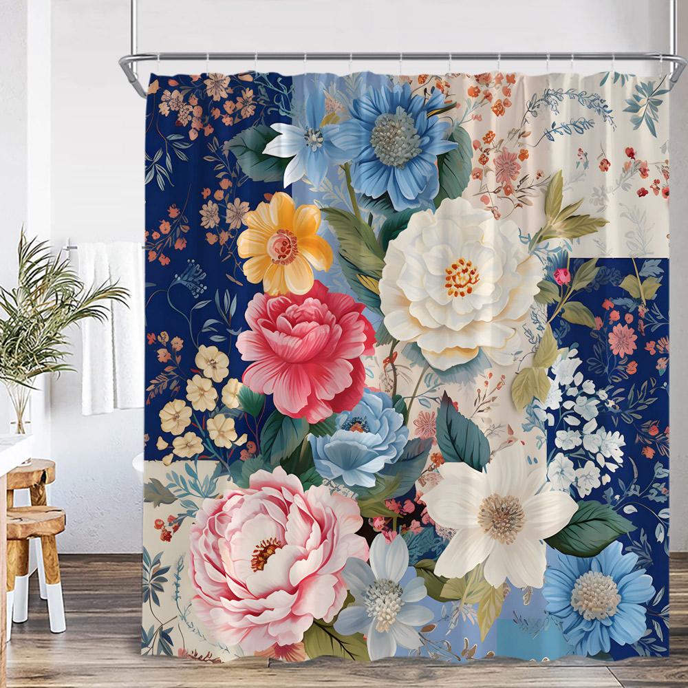 Vintage Floral Shower Curtain Colorful Flower Blossom Plant Green Leaf Dark Bathroom Decoration Polyester Bath Curtain with Hook