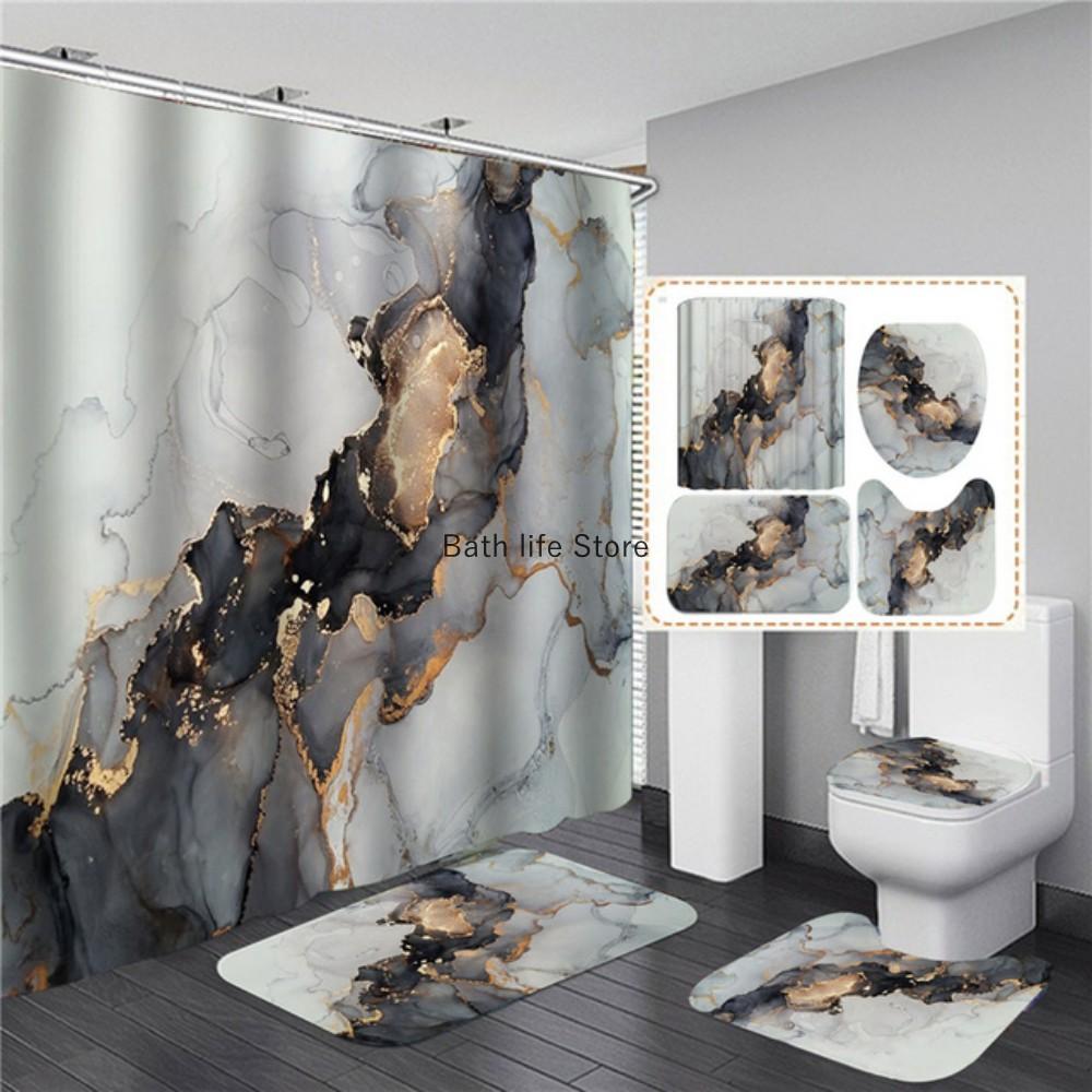 Luxury Golden White Marble Shower Curtain Modern With Non Slip Rug Mat Bathroom Waterproof Polyester Fashion Home Decor 180x180