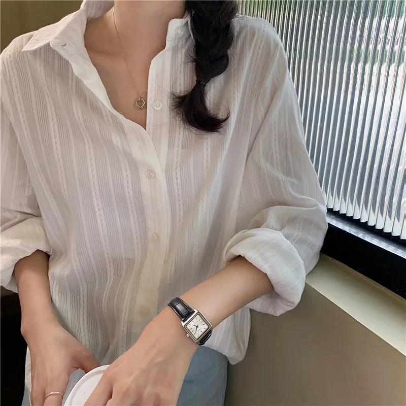 Camicia a Righe Morbida da Donna Estiva in Stile Francese Vestibilità Larga Casual Semplice Top a Maniche Lunghe