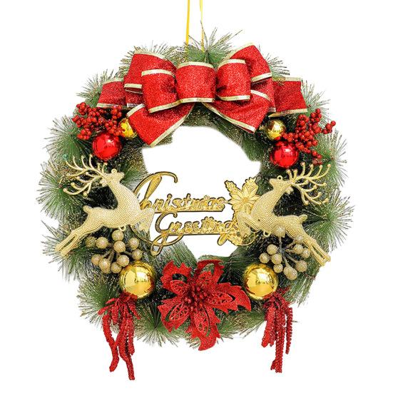 Christmas Wreath for Front Door Artificial Pine Needle Wreath with Balls Bows Flowers Merry Christmas Hanging Decor for Home Wall Window Porch Indoor