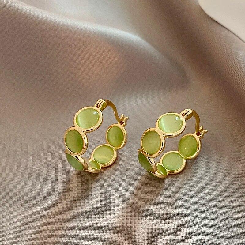 Design Sense White and Green Opals Round Hoop Earrings for Women‘s Korean Fashion Jewelry Luxury Shiny Accessories