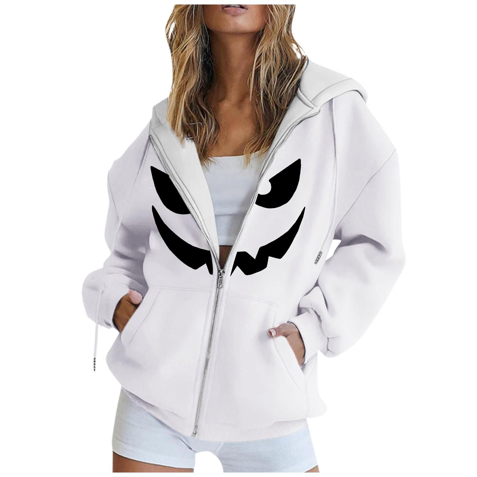 

Женские повседневные модные пуловеры с длинными рукавами и принтом на Хэллоуин, толстовки на молнии, пальто S белый