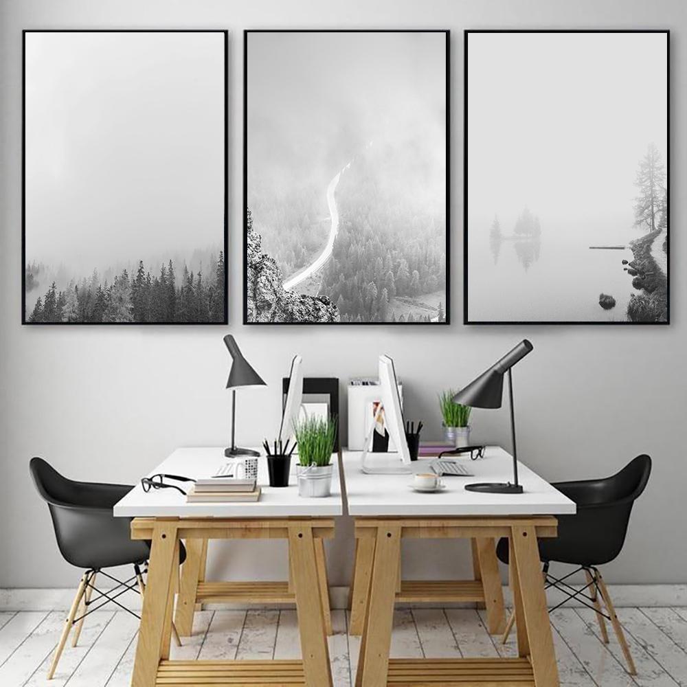Nature Prints Forest Wall Art River Fall Spruce Trees Pine Winter Foggy Forest Landscape Canvas Painting Wall for Home Decor