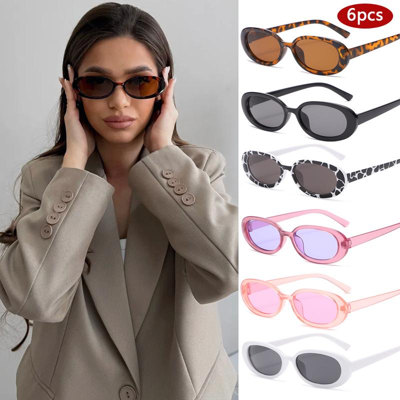 6pcs Small Oval Sunglasses Women Men Trendy Vintage Colorful Design Cat Eye Sun Glasses Female Leopard Black Punk Eyewear UV400