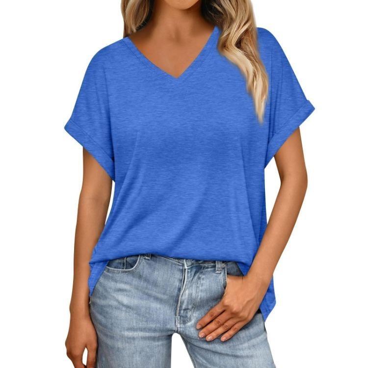 Damen Sommer V-Ausschnitt T-Shirt Locker Kurzarm Einfarbig Mode Top