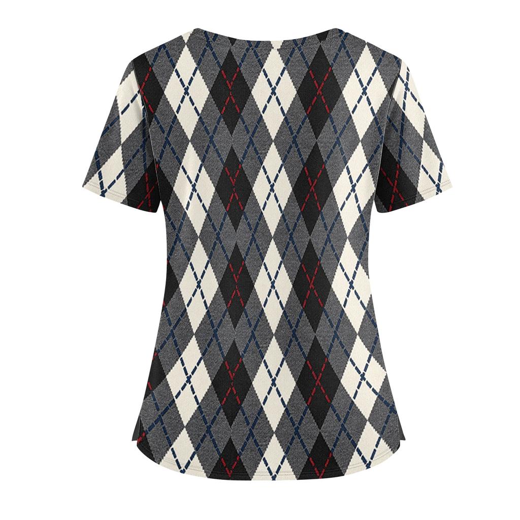 Women's Plaid Print V-Neck and Caregiver Top with Double Pockets and Split Hem Short Sleeves