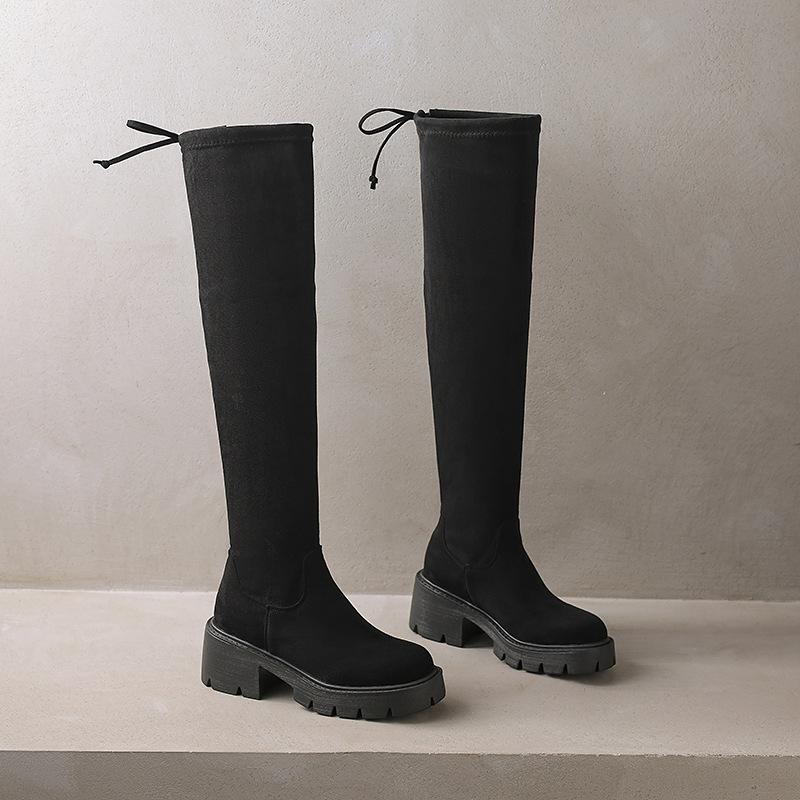 Fat MM thick leg elastic boots do not drop off the knee boots winter thin boots thick heel high boots large size women's boots