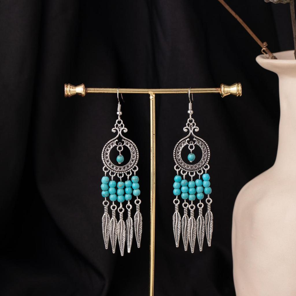 Bohemian Ethnic Oval Tassel Earrings with Beads