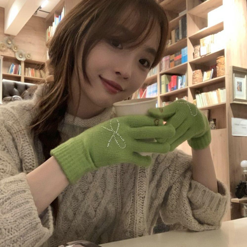 Warm Bow Rhinestone Gloves Thicken Winter Gloves Fashion Knitted Gloves  Girls