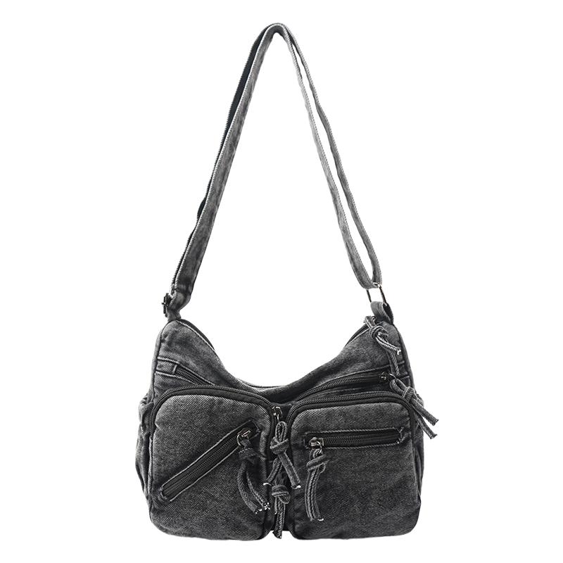 Джинсовая сумка кроссбоди винтажная многокарманная на плечо чёрный