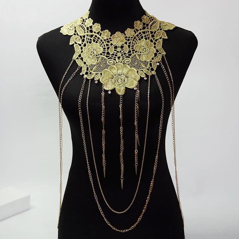 Gold Lace Trim Multi-Layer Fashionable Tassel Necklace For Women Body Chain Jewelry Accessory Elegant Trendy Jewelry