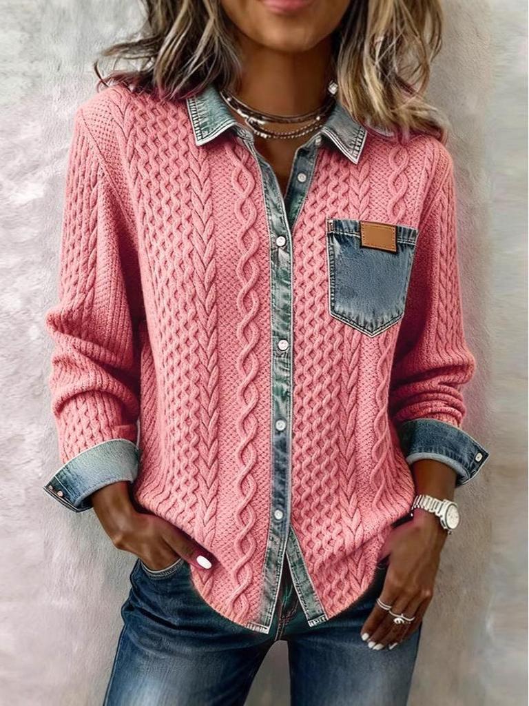 2025 European Style Women's Knit Patchwork Denim Cardigan - Versatile Long Sleeve for Autumn/Winter Fashion.