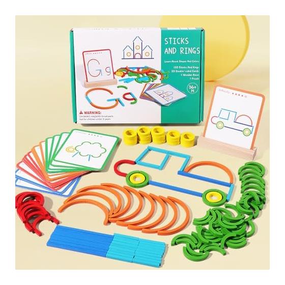 Wooden Puzzle Educational Toys Stick Ring Set Creative Stick Puzzle Building Blocks Set Color and Shape Recognition Puzzle for 36 Months and Up