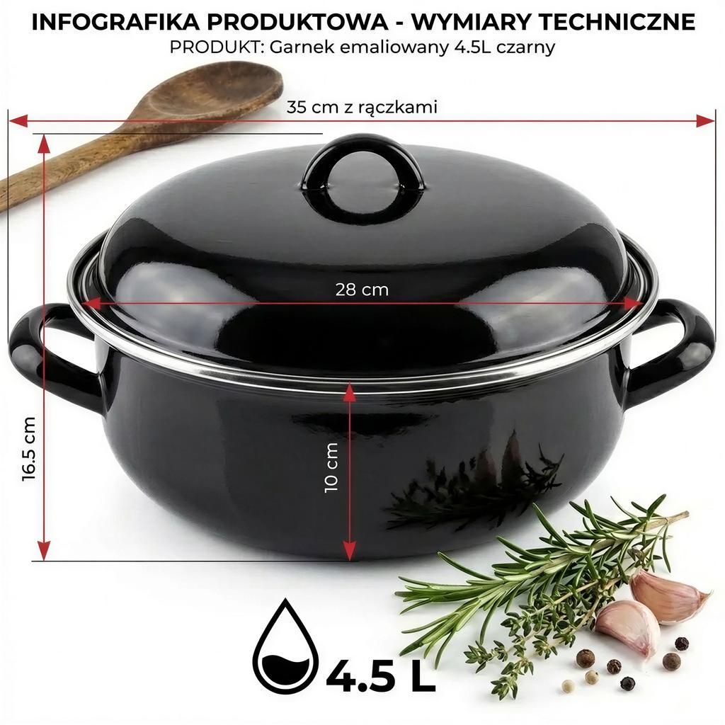 ENAMELLED POT 4.5L STEEL BLACK 28cm FOR GAS AND ELECTRIC COOKERS