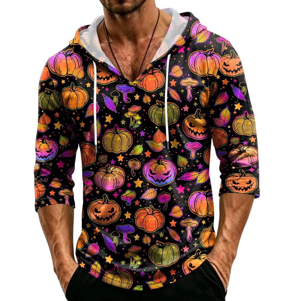Men's Loose Fit Casual Hoodie Three Quarter Sleeve Pullover Halloween Pumpkin Pattern Lightweight Breathable Top for Everyday Wear