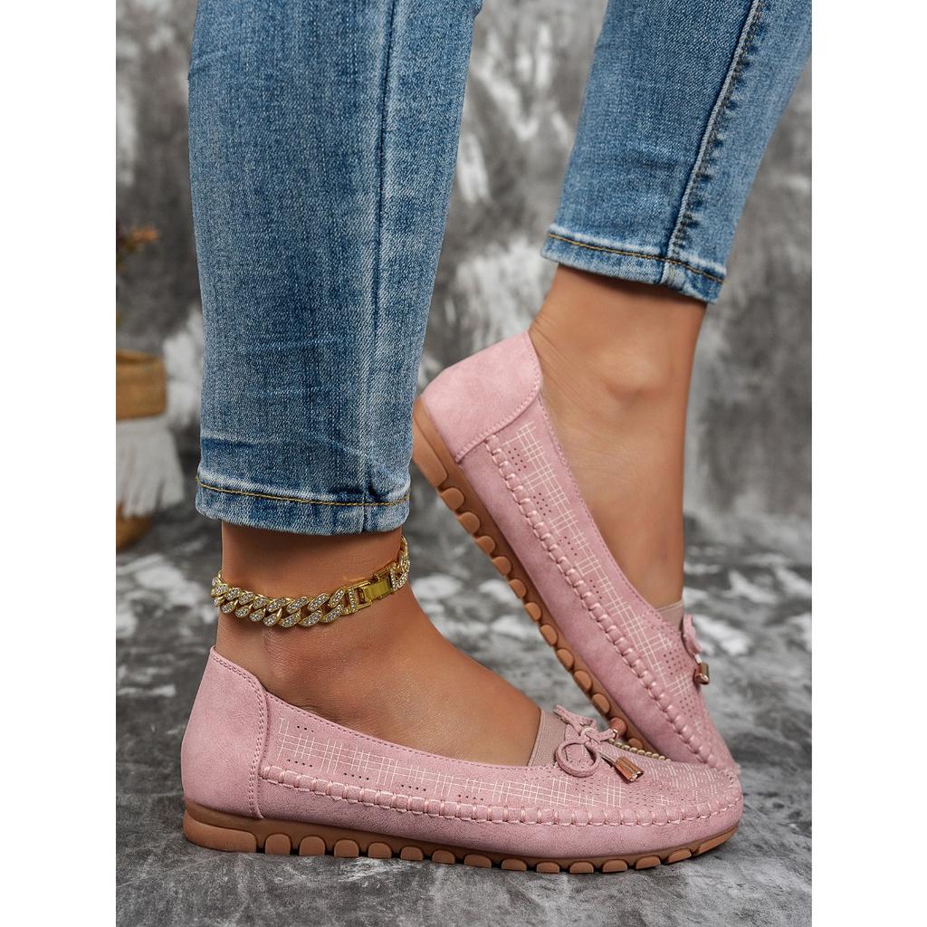 Stitching Bow Solid Color Women's Flat Loafers