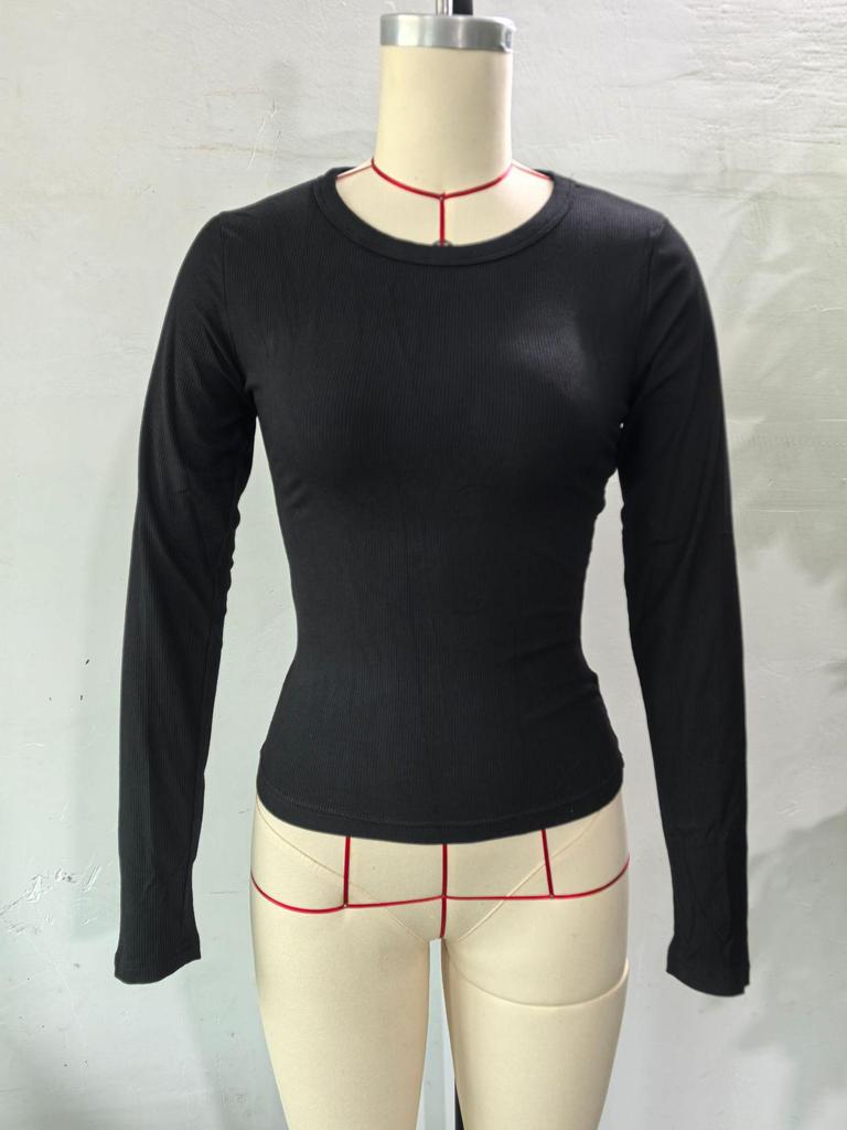 2025 Y2K Ribbed Crew Neck Women's Slim Fit Long Sleeve T-Shirt - Solid Color