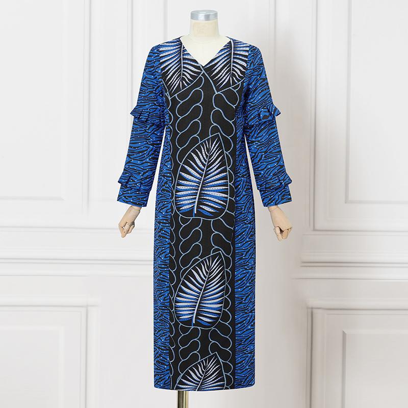 

Oversized Women V Neck Long Sleeve Floral Print Stitching Casual Maxi Dress M синій