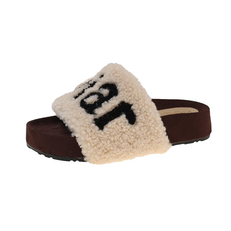 thick-soled letter Mao Mao slippers women's 2025 autumn and winter new Korean version soft-soled Mao slippers home comfort cotton drag women's shoes