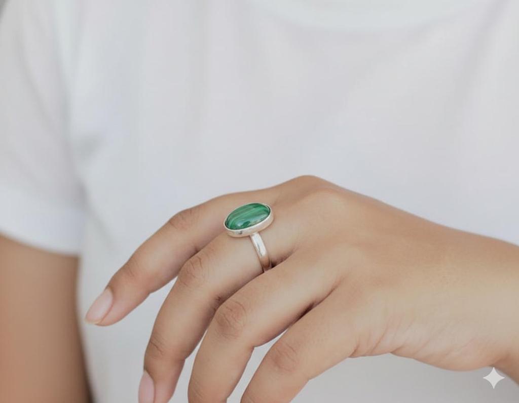 Green Malachite Statement Ring, 925 Sterling Silver, Minimalist Boho Ring, Handmade Gemstone Ring for Women