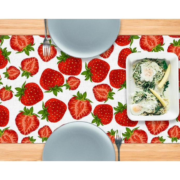 Pudodo Strawberry Table Runner Spring Summer Fruit Strawberry Themed Birthday Baby Shower Party Kitchen Dining Home Decoration (13" x 72")