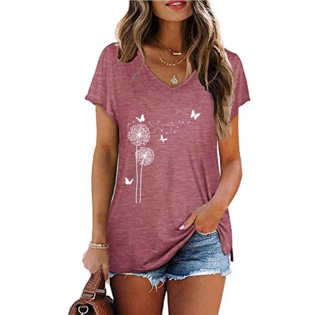 Fashion Spring Dandelion Print Blouses Short Sleeved V-Neck T Shirts Casual