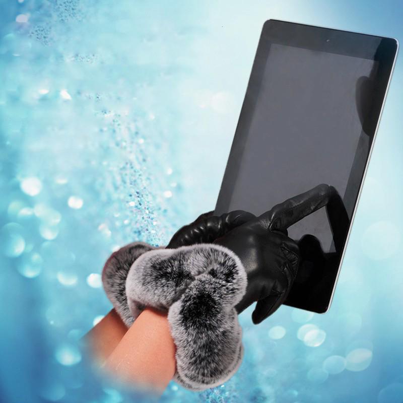 Damenmode Plüsch Winter Warme PU-Lederhandschuhe Pelz-Touchscreen-Handschuhe