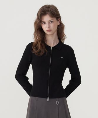Covernat Woman Collared Slim Fit Zip-Up Cardigan Black