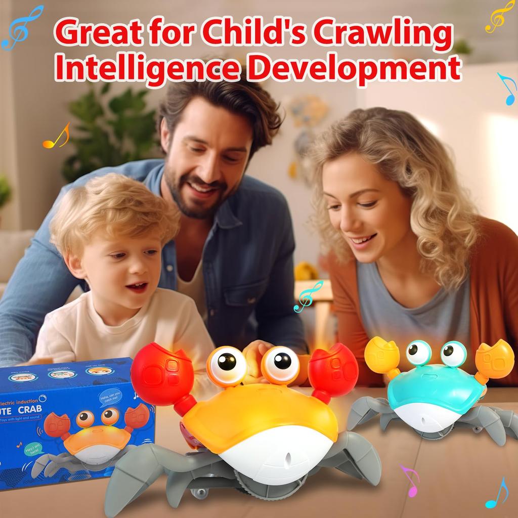 Kids Crawling Crab Toy with Music, Electronic Light-Up Crawl, Automatically Avoids Obstacles, Moving Toy for Boys and Girls