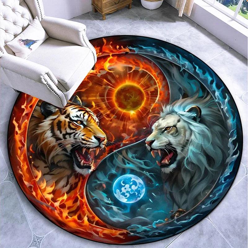 Luxury Sakura Goldfish Dragon Lion Cat Tree Design Carpet Mat Round Machine Washable Rug for Living Room Rugs for Bedroom