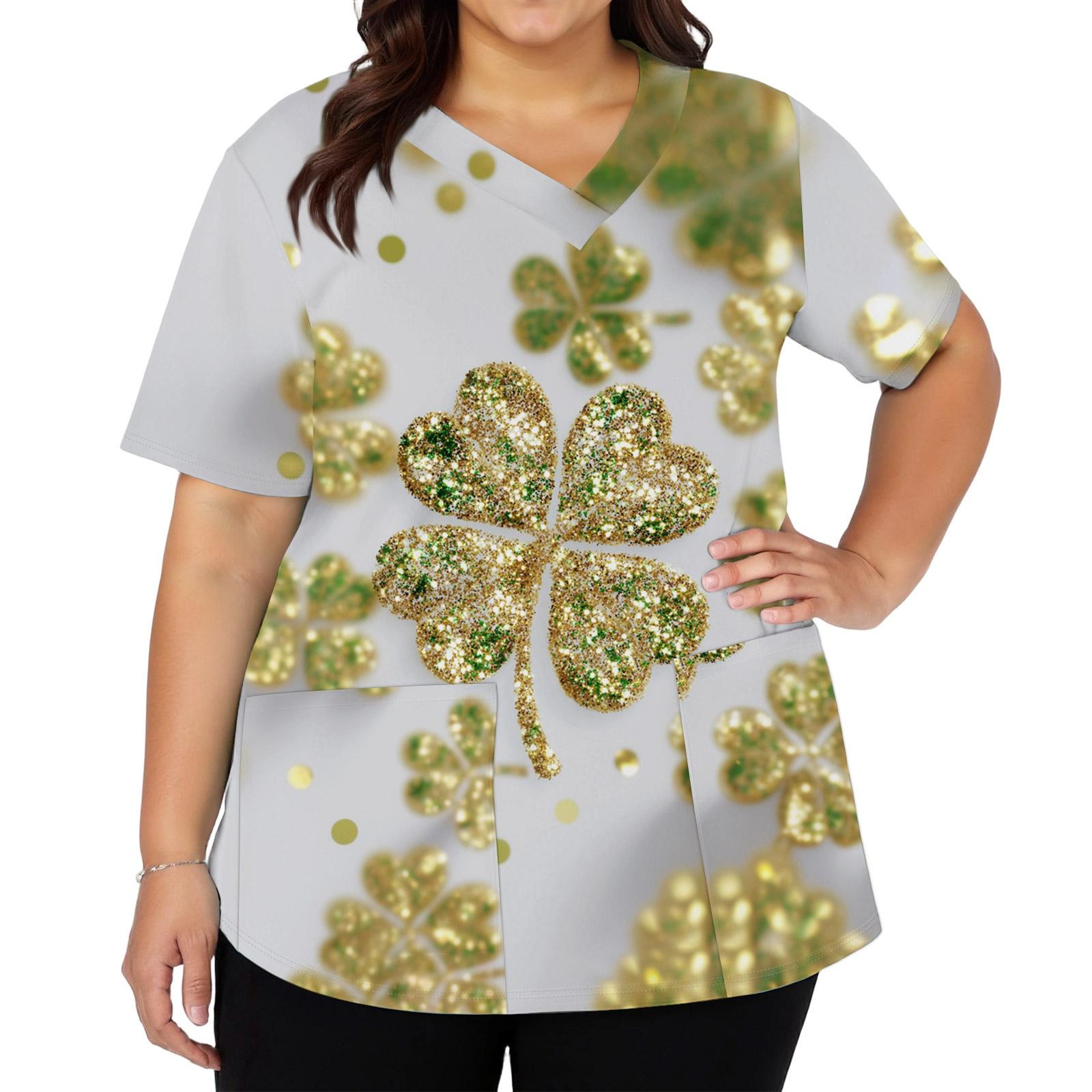 

Женская мода с v-образным вырезом, короткими рукавами и карманами, топы с принтом XL