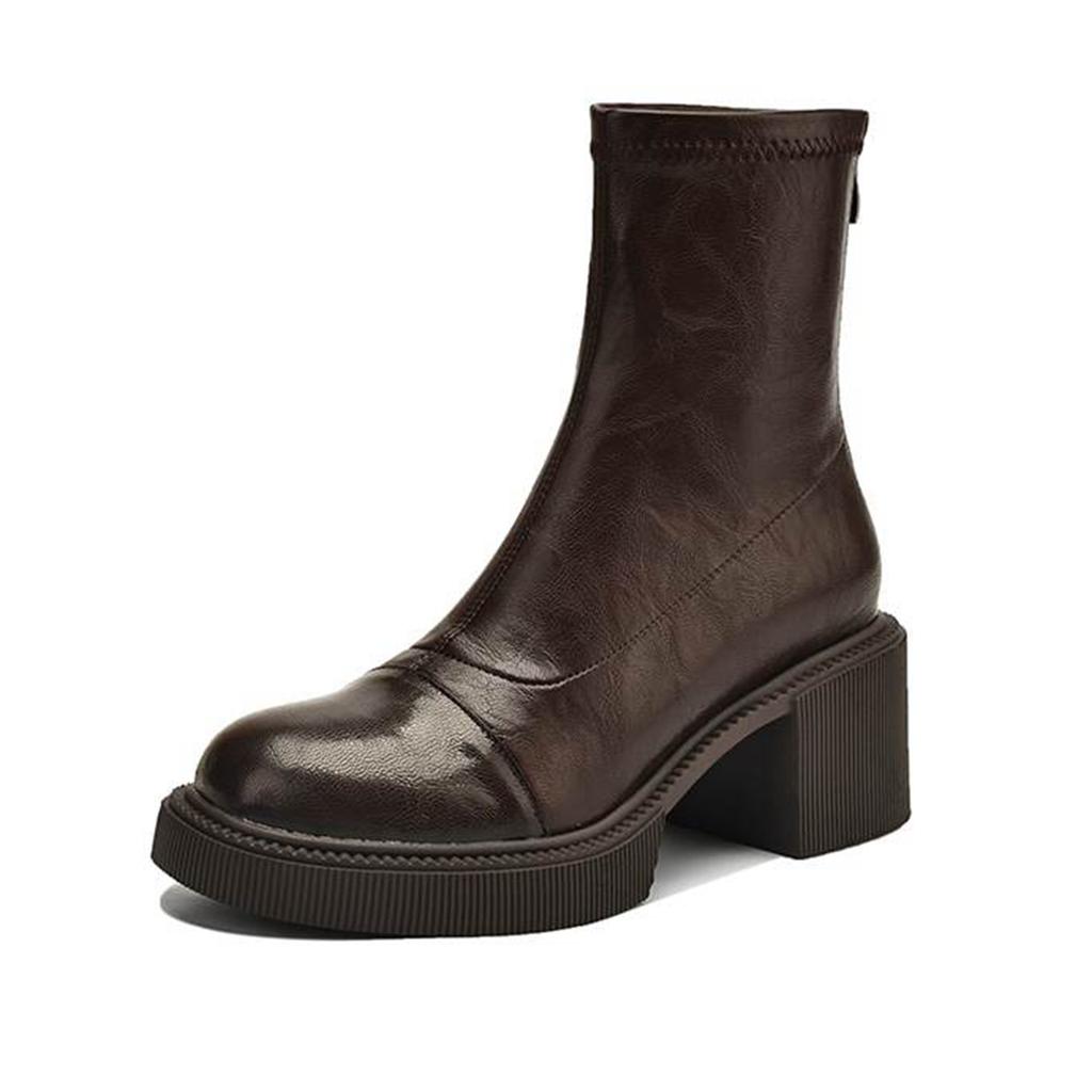 Krazing Pot Microfiber Autumn Winter Shoes Chunky Heels Size 40 Round Toe Zipper Retro Waterproof Stretch Ankle Boots