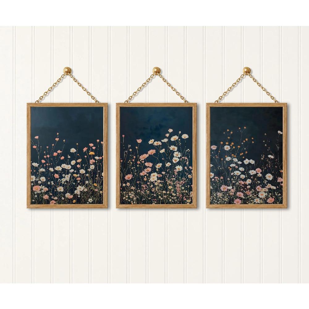Dark Wildflowers Print Set of 3 Botanical Landscape Navy Blue Wall Art Wildflower Field Printable Modern Farmhouse Wall Decor