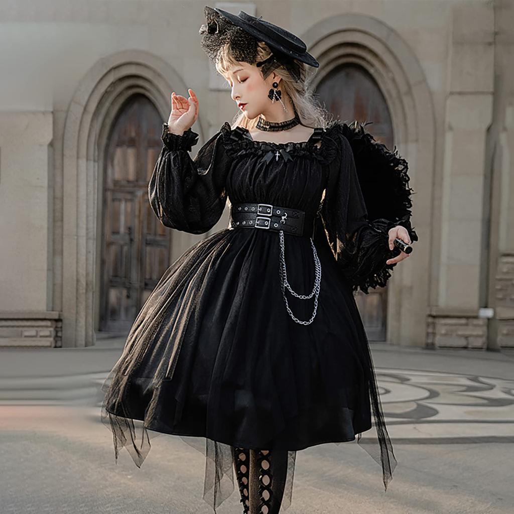 Milky Time Gothic Lolita Dress, Black and Red, with Chiffon and Chains, Cosplay Costume for Women (Small, Black)