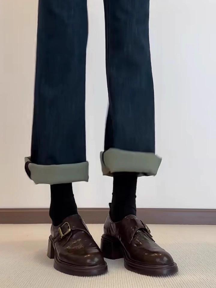 Dames Vaskbare Britisk Retro Ekte Skinn Chunky Hæl Loafers