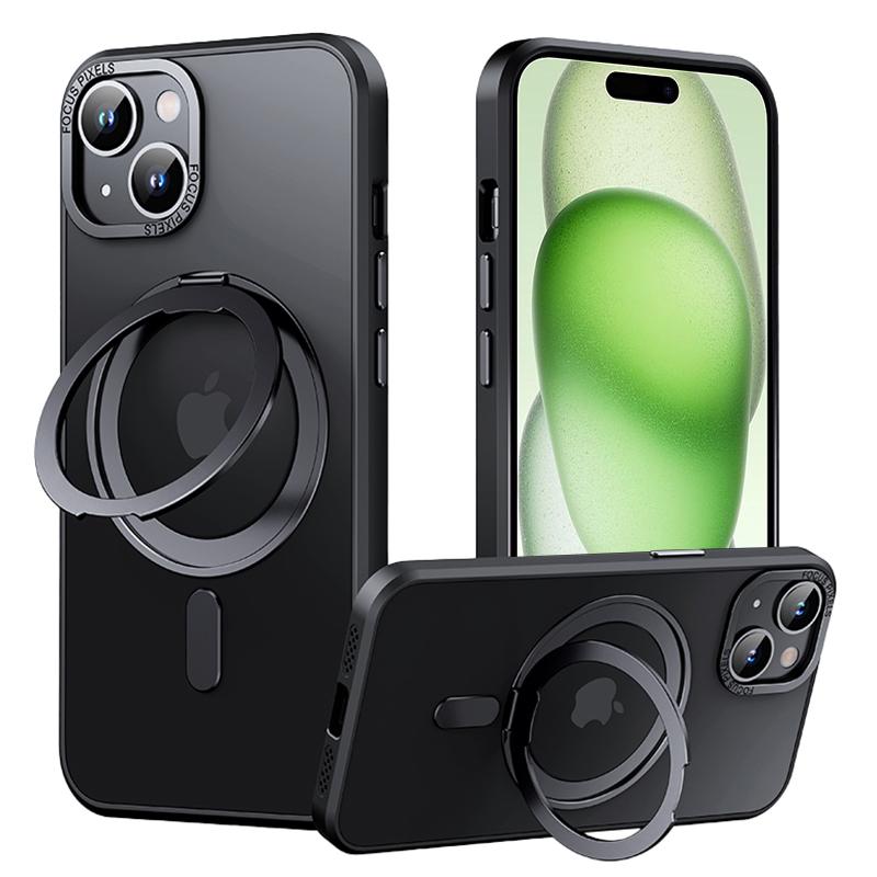 

For iPhone 15 Case Rotary Ring Kickstand TPU+PC Matte Phone Cover Compatible with MagSafe Black