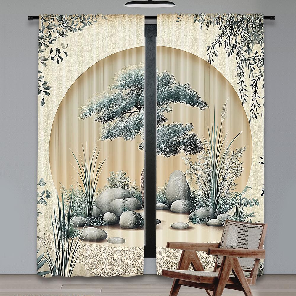 Set Of 2 Peacefulness Curtain Japanese Garden Inspired Stones Waving Sand Tree Soft Watercolor Suitable Living Room Bedroom For Area Made Polyester