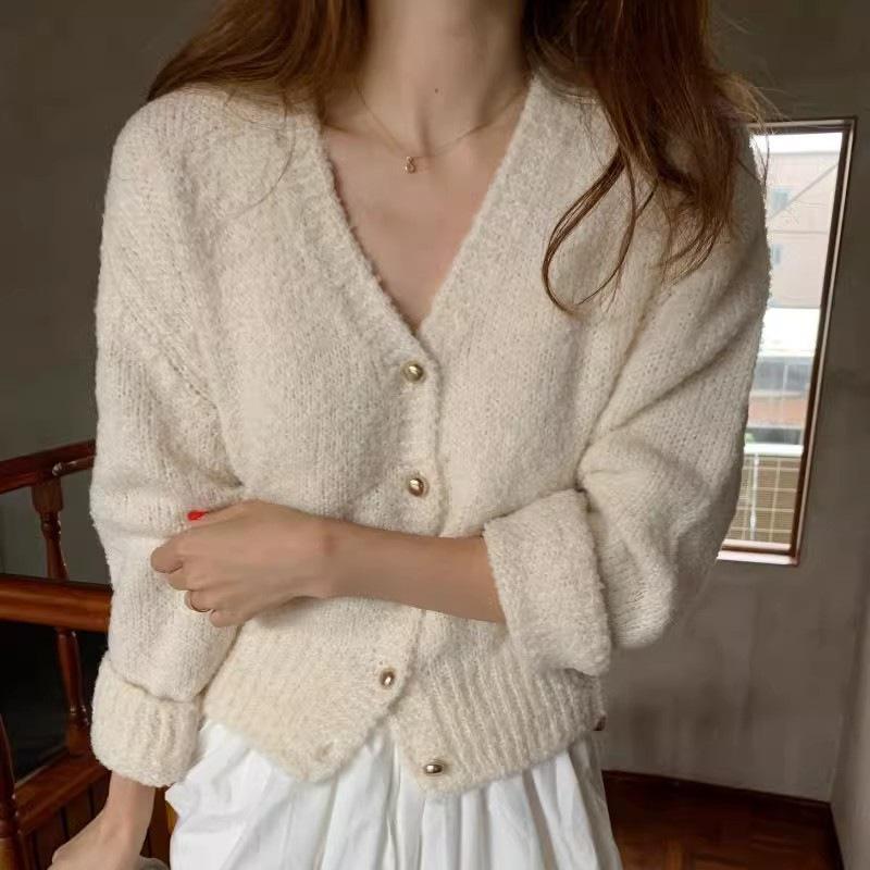 Vintage V-neck Plush Knit Cardigan - Autumn/Winter Slimming, Single-Breasted, Long Sleeve, Loose Fit