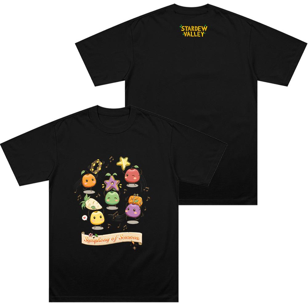Stardew Valley Cartoon-Print T-Shirt Junimos Symphony of Seasons Natürliches T-Shirt Unisex Bequeme Baumwollkleidung Y2K T-Shirt