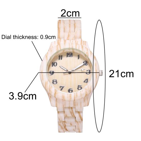 Reloj de pulsera de cuarzo analógico con banda de resina y números árabes con esfera redonda de grano de madera para mujer