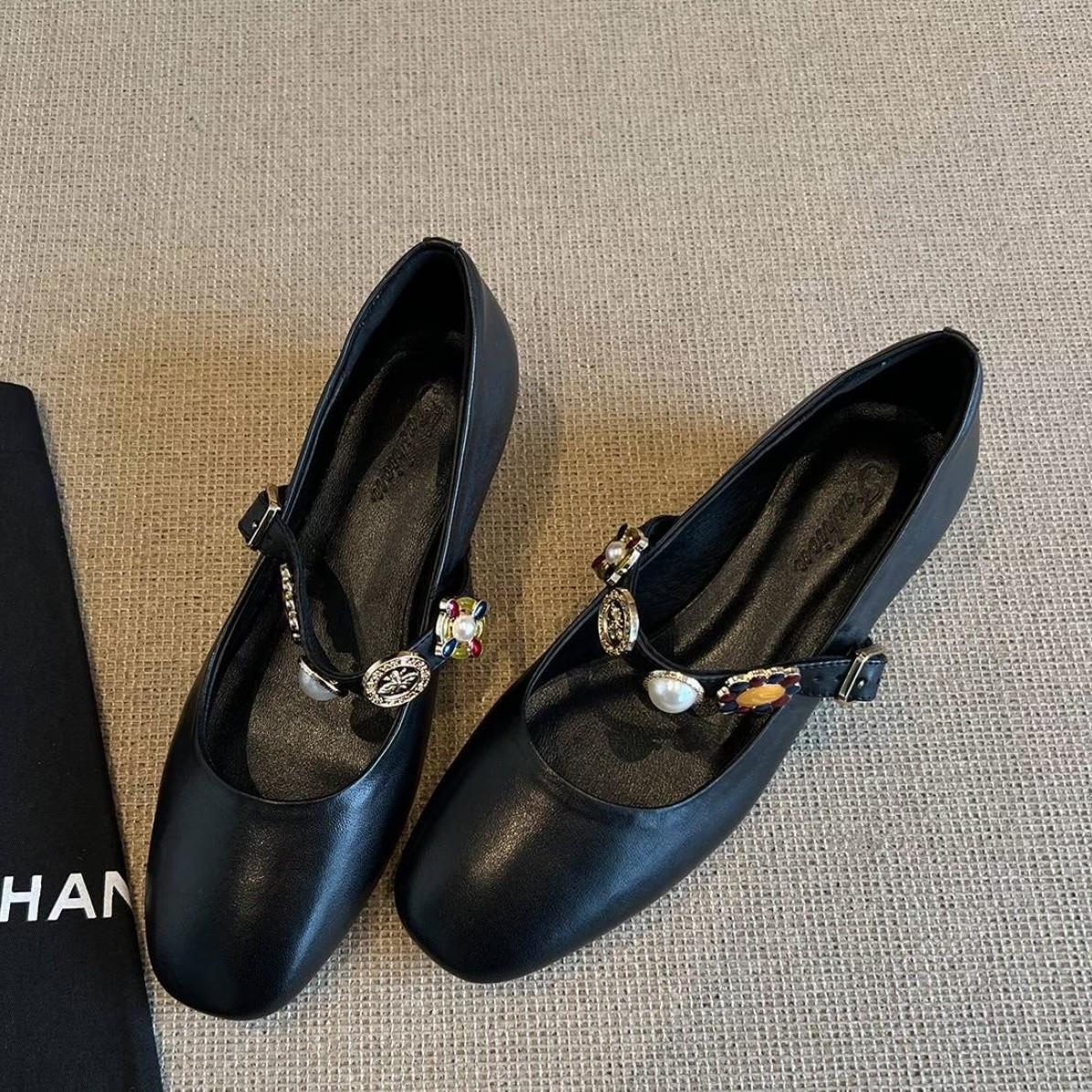 

Super soft lambskin~ retro French single shoes women s thick heel new models are beautiful and not tired shoes medium heel Mary Jane shoes 40 чёрный