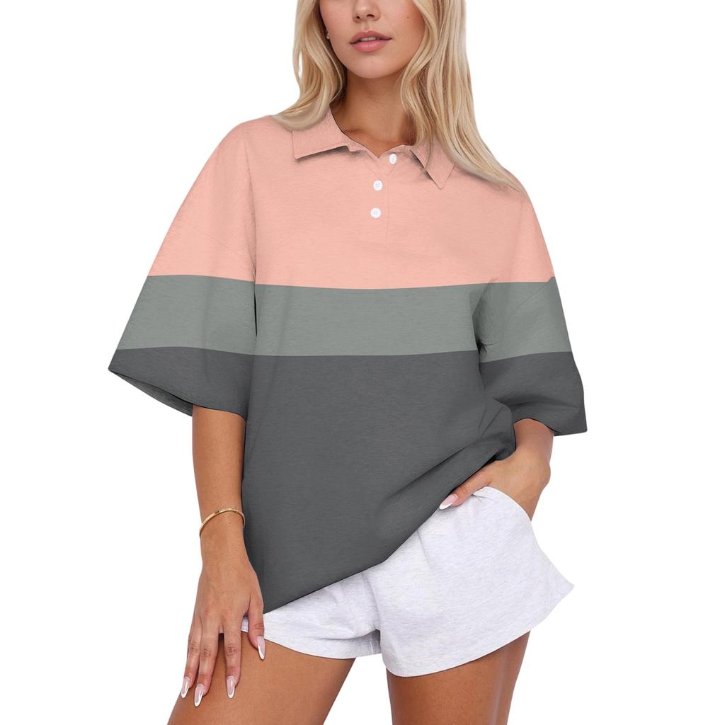 Top Casual da Donna con Colletto a Polo, Vestibilità Larga, Manica Corta, Pullover a Righe, Vestibilità Rilassata, Camicia Leggera per l'Uso Quotidiano