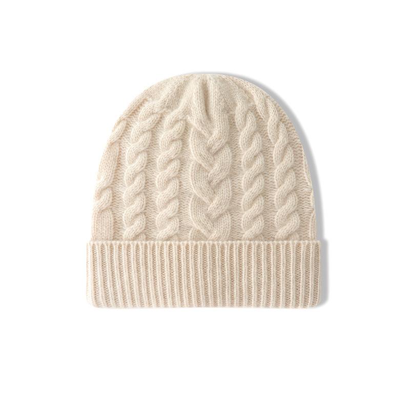 Cashmere Autumn and Winter New Style Women's High End Solid Color Twisted Pattern Thickened Warm Fashion Knitted Casual Cuffed Hat