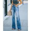 Womens Mid-Rise Wide Leg Denim Pants With Distressed Washed Detail Casual Streetwear