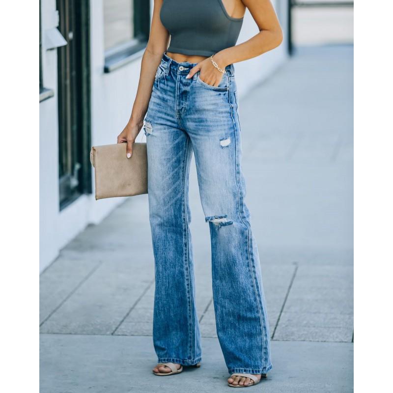 Womens Mid-Rise Wide Leg Denim Pants With Distressed Washed Detail Casual Streetwear