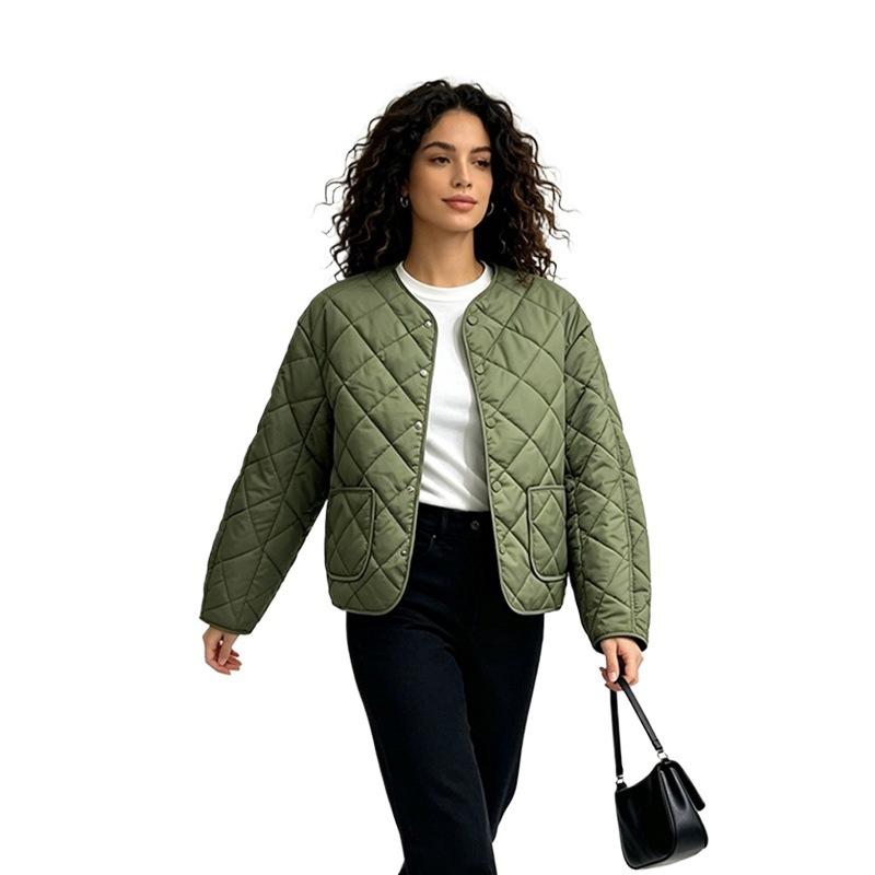 Light and thin cotton-padded clothes for women's winter new rhombus lattice pressure cotton-padded clothes jacket Hong Kong style bread clothes cotton
