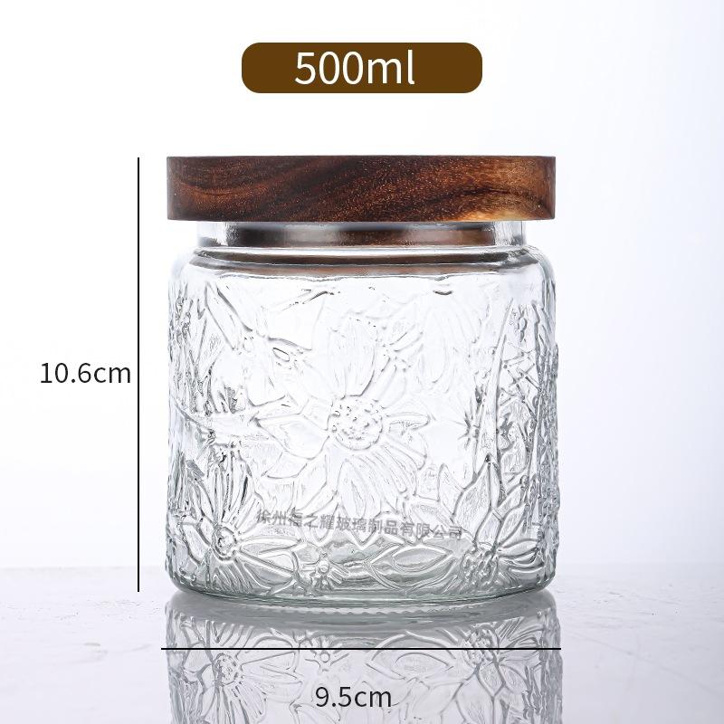 Ancient Peony Flower Relief Transparent Glass Storage Jar for Snacks, Tea Sealed Jar, Kitchen Storage Glass Bottle