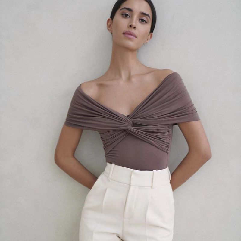 

European and American Sexy Cross V-neck off Shoulder Solid Slim fit Jumpsuit Sexy off Shoulder Jumpsuit Khaki L